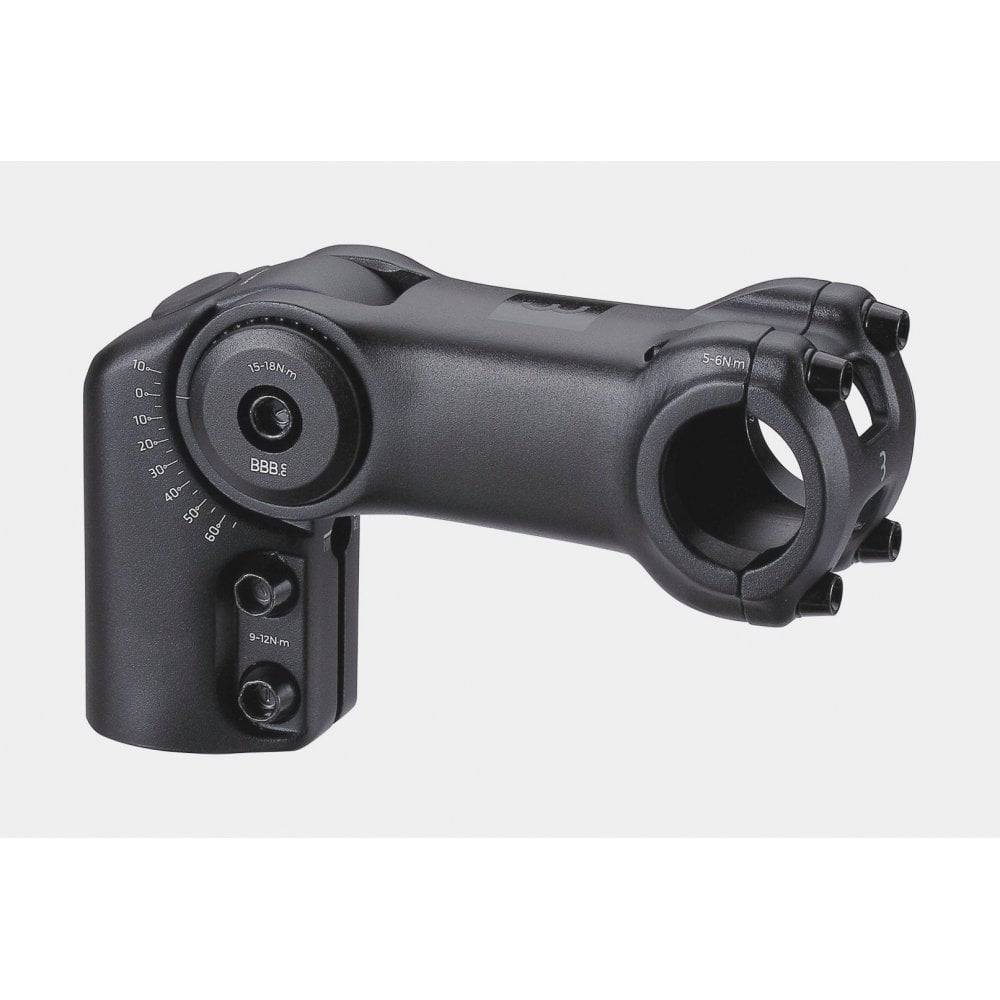 BBB Highfix Adjustable Stem V2 for bikes and e-bikes, 25.4mm, showing the black alloy stem with adjustable clamp and branding