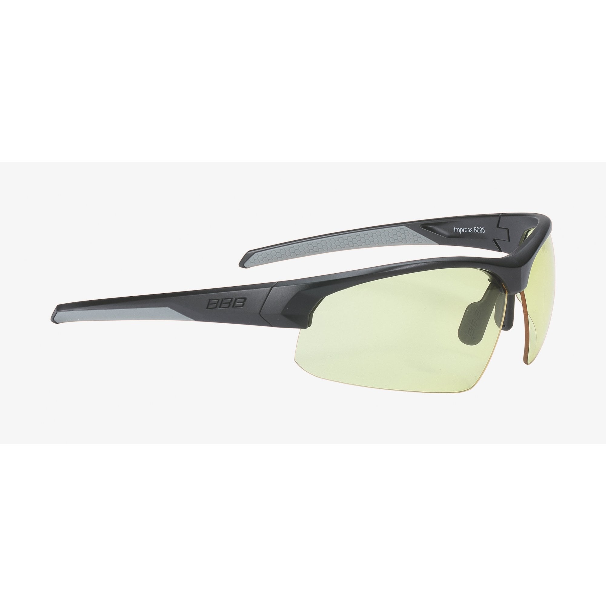 BBB BSG-60D sport glasses with yellow lenses and black frames, displayed in a display box of 12.