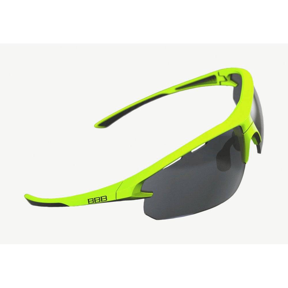 BBB BSG-52 Impulse Sport Glasses with matte yellow and black tips, smoke lenses, UV protection, designed for active wear.