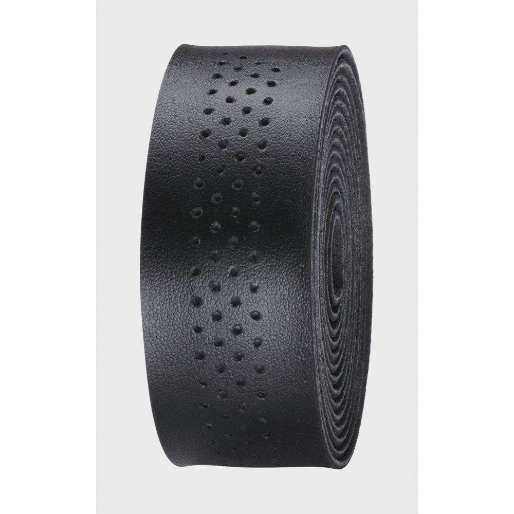 BBB BHT-12 SpeedRibbon black microfiber handlebar tape with waterproof adhesive, shown wrapped around a bicycle handlebar.