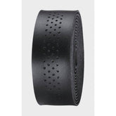 BBB BHT-12 SpeedRibbon black microfiber handlebar tape with waterproof adhesive, shown wrapped around a bicycle handlebar.