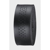 BBB BHT-12 SpeedRibbon black microfiber handlebar tape with waterproof adhesive, shown wrapped around a bicycle handlebar.