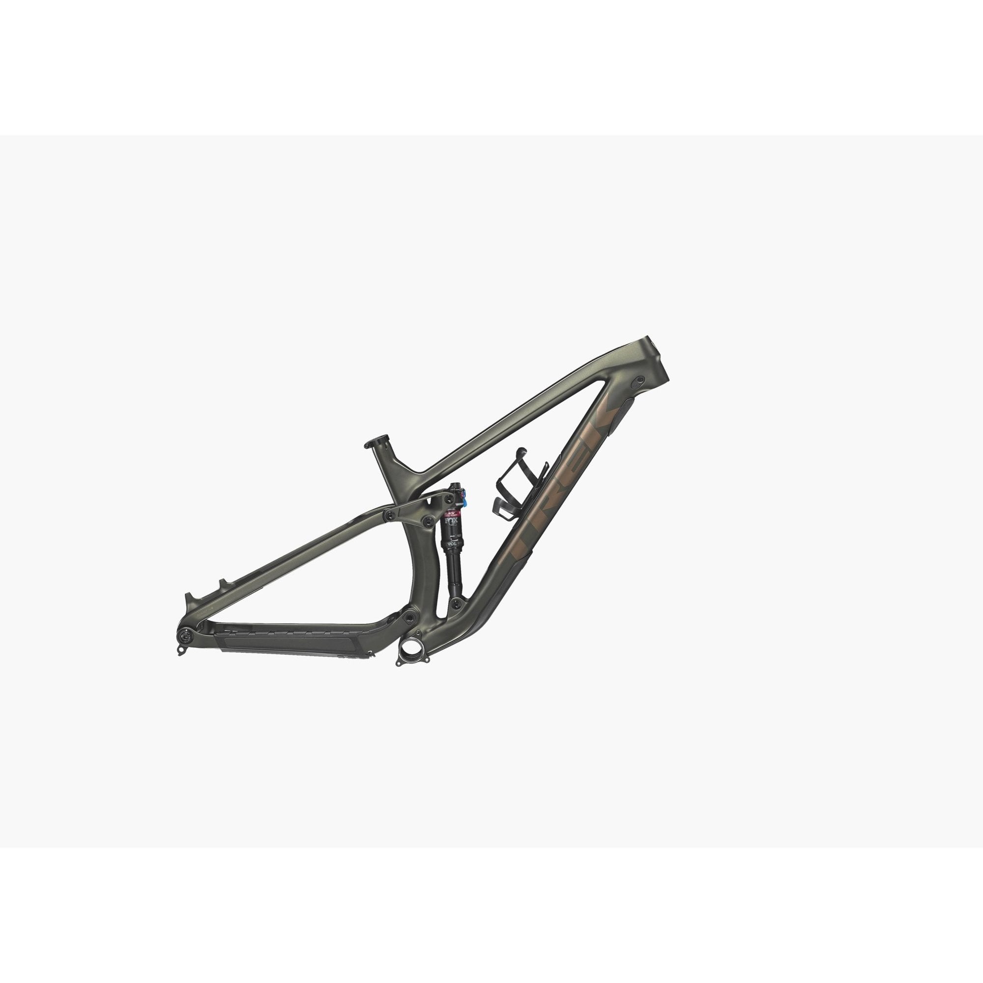 Trek Fuel Ex C MTB frameset with RE:aktiv suspension and internal storage, black and silver components, side view.