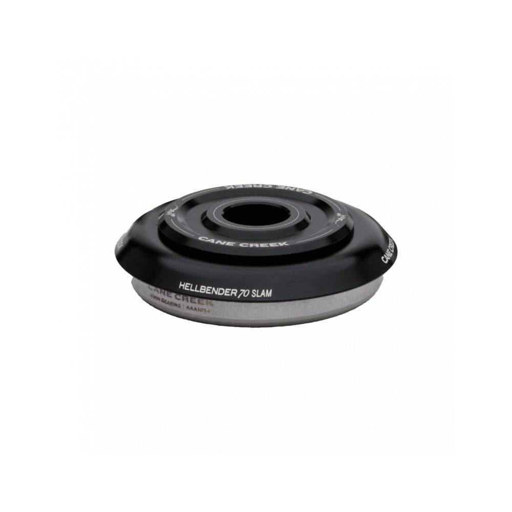 Cane Creek Hellbender 70 Slam upper headset for low stack height bikes, showing the black metal component with branding.