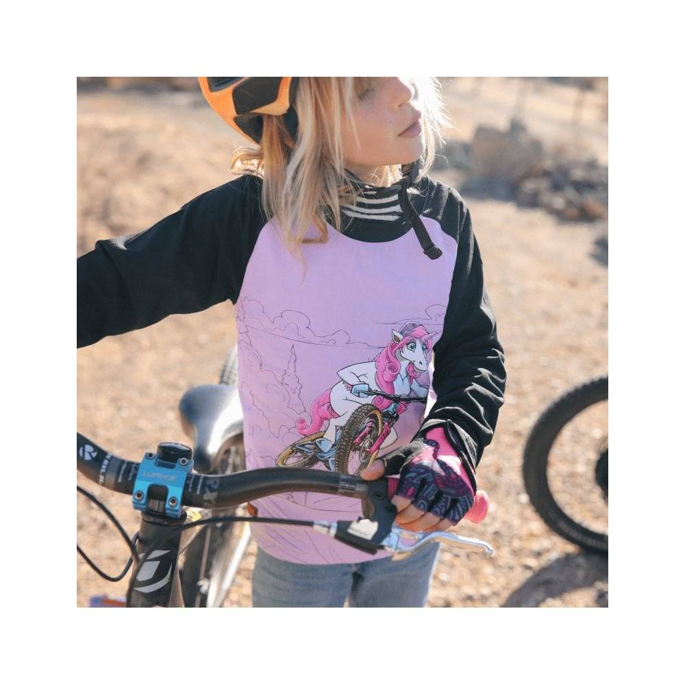 Kids Ride Shotgun unicorn windproof jersey for kids aged 2-6, pink and black, unisex clothing with a fun unicorn design.