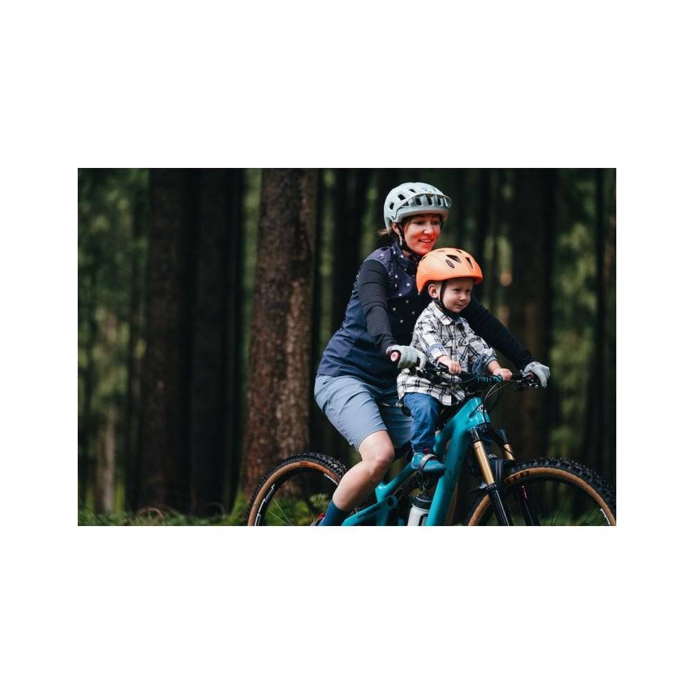 Kids Ride Shotgun Pro front-mount black child bike seat, shown installed on a bike for young riders.