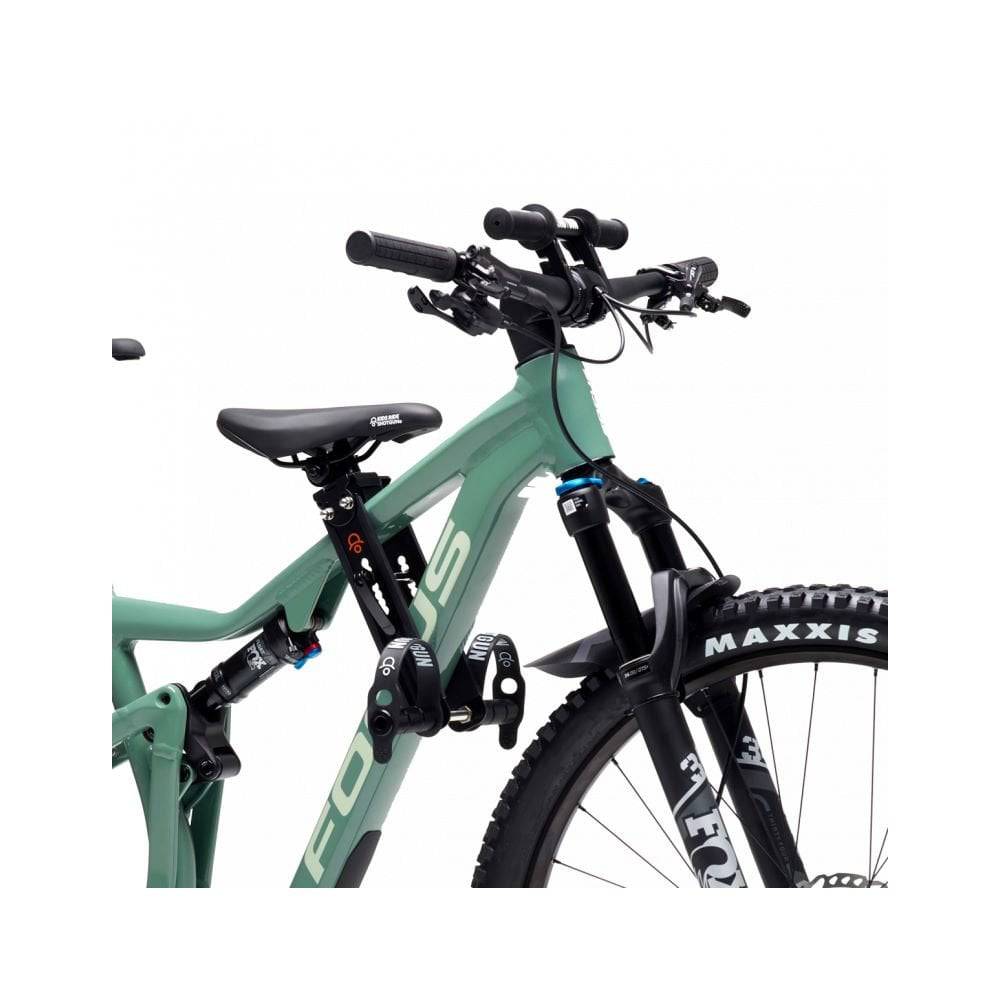 Kids Ride Shotgun black child bike seat with handlebars, designed for kids to safely ride on a parent’s bicycle.