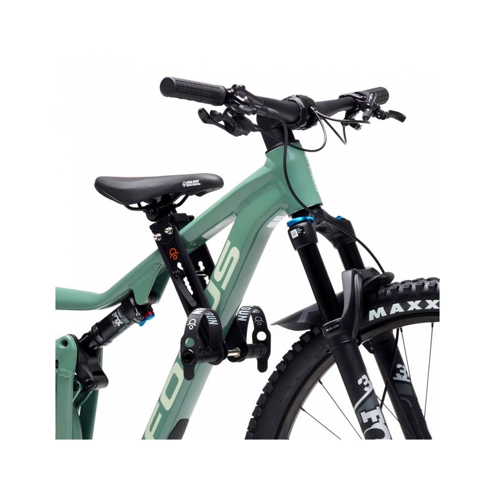 Kids Ride Shotgun original black child bike seat, frame mount accessory designed for kids to ride safely on a bike.