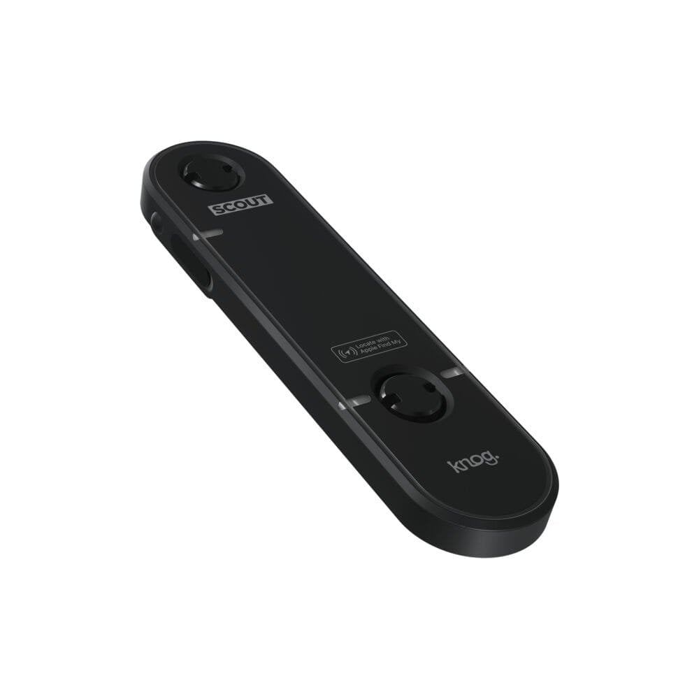 Knog Scout bike alarm and finder with 85dB motion alarm, Apple Find My integration, compact accessory for bike security.