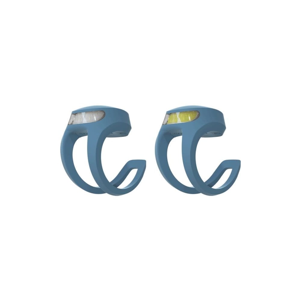 Knog Frog V3 rechargeable bike light set in denim blue with front and rear lights, designed for bike safety and visibility.
