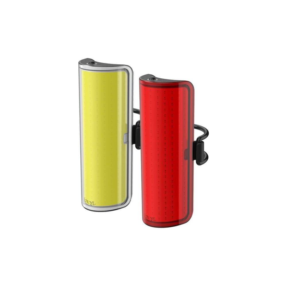 Knog Big Cobber bike light set with 330° visibility, USB rechargeable, waterproof accessories for cycling safety.
