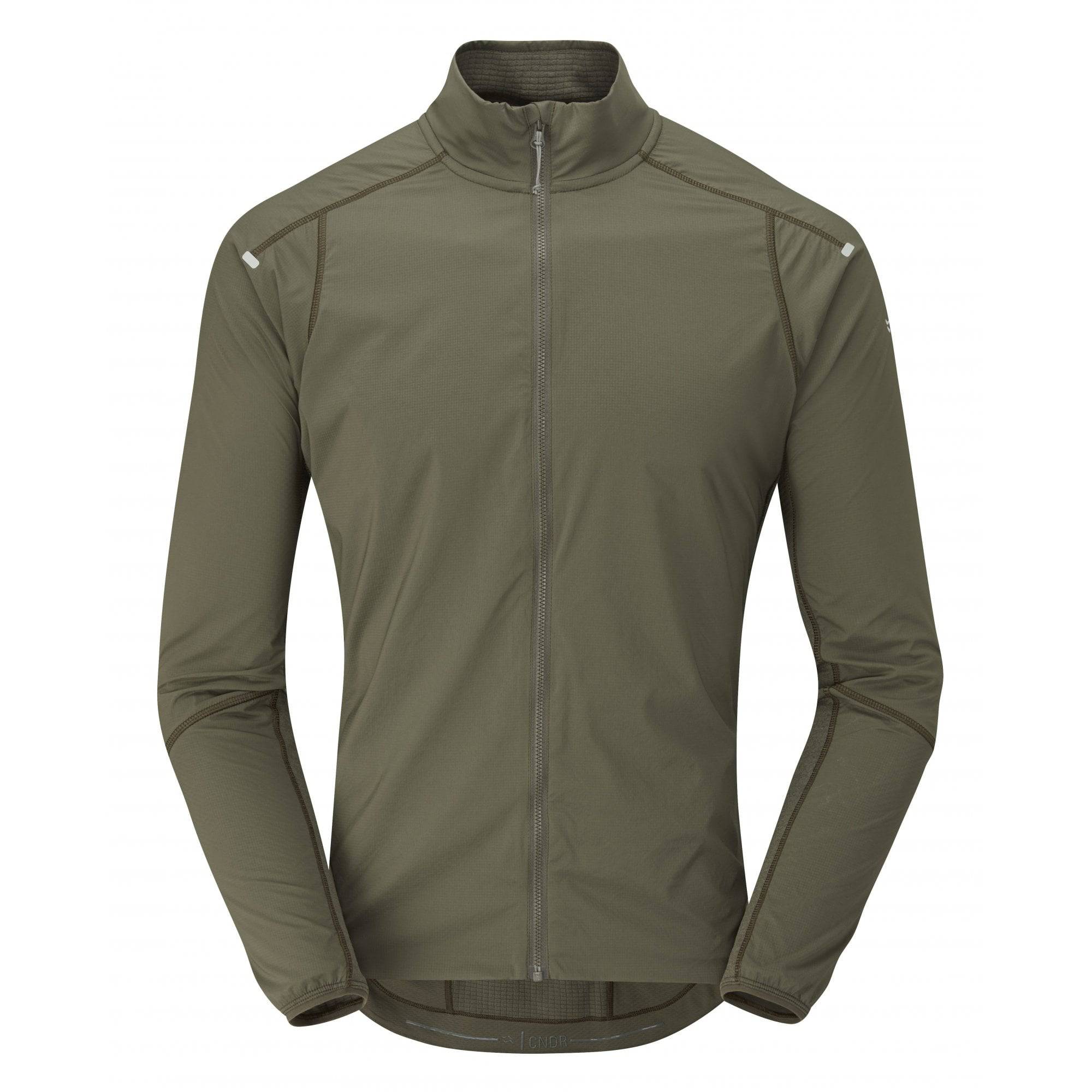 Rab Cinder Ridgeline outdoor cycling jacket, breathable and wind-resistant, shown in a close-up of the jacket's fabric and design details.