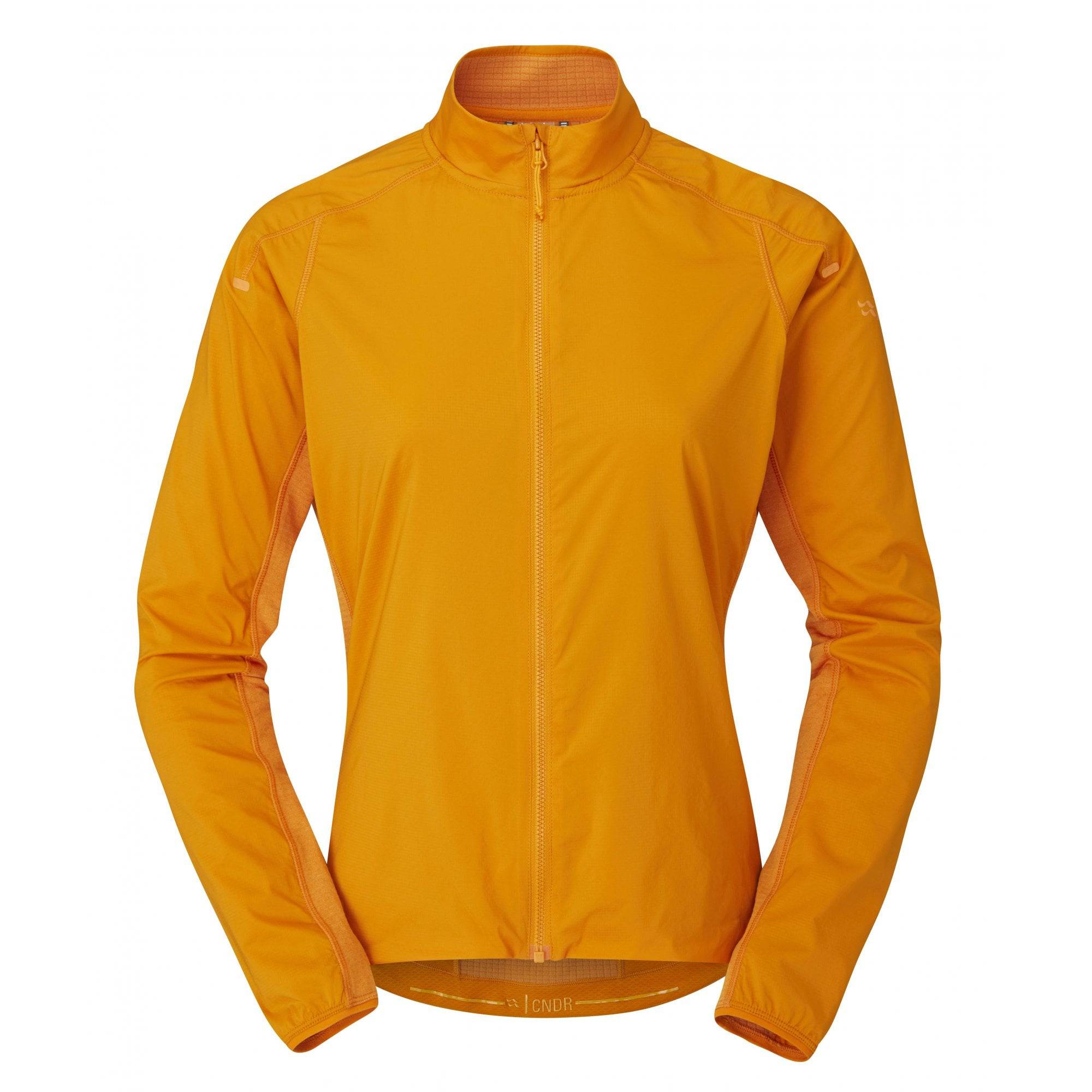 Rab Cinder Ridgeline Women's cycling jacket, breathable and wind-resistant outdoor activewear, shown in a close-up of the jacket fabric and design.