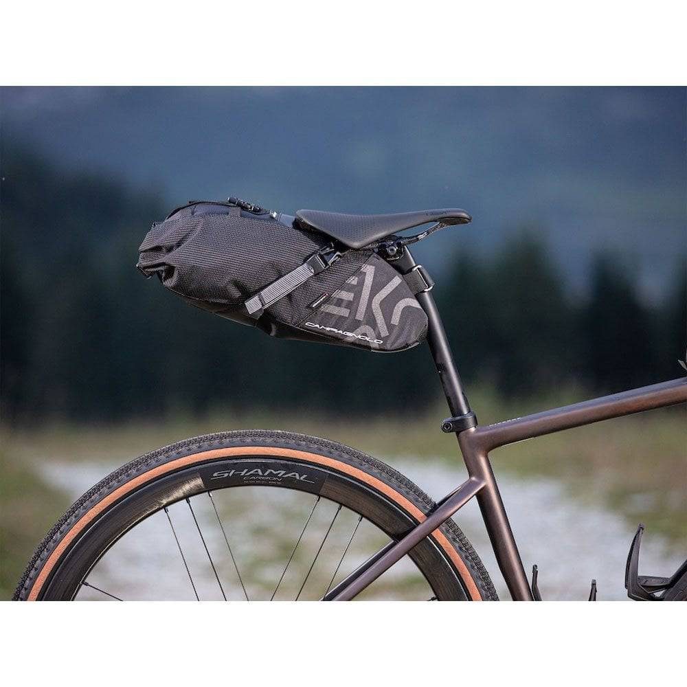 Campagnolo EKAR gravel bike waterproof saddle bag, compact and durable cycling accessories for bike packing and storage.