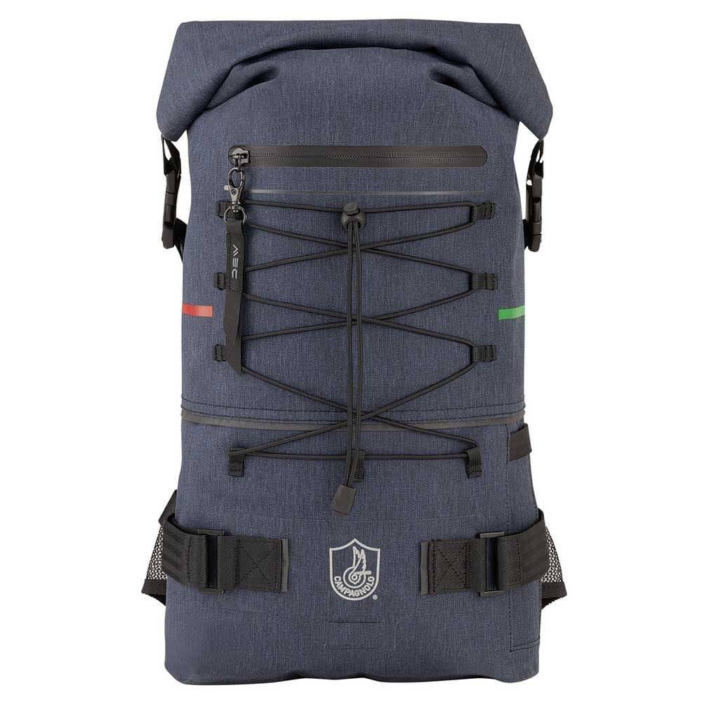 Campagnolo waterproof roll top cycling backpack with adjustable straps and reflective details for commuting accessories.