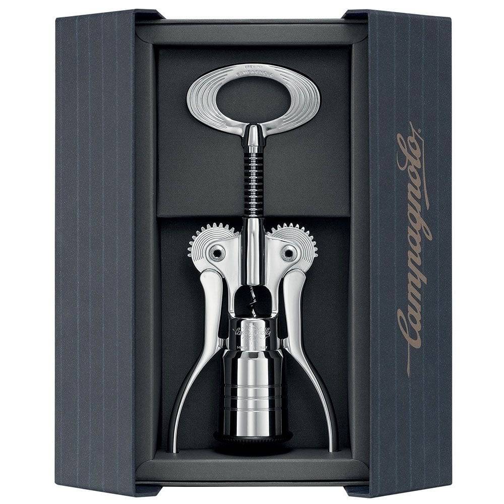 Campagnolo Big Chrome Corkscrew with telescopic self-aligning wine opener in a sleek chrome finish, accessory for opening wine bottles.
