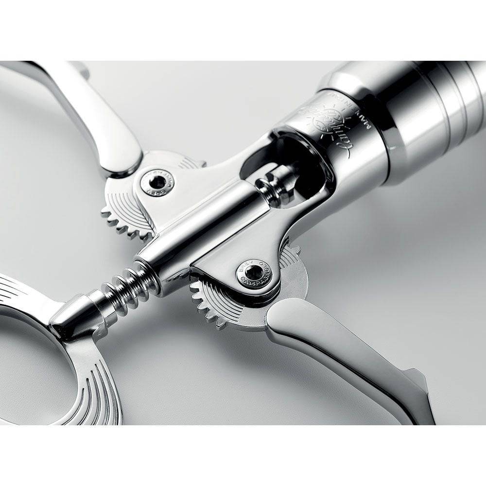 Campagnolo Big Chrome Corkscrew, a telescopic self-aligning wine opener with chrome finish, designed as a stylish accessory.