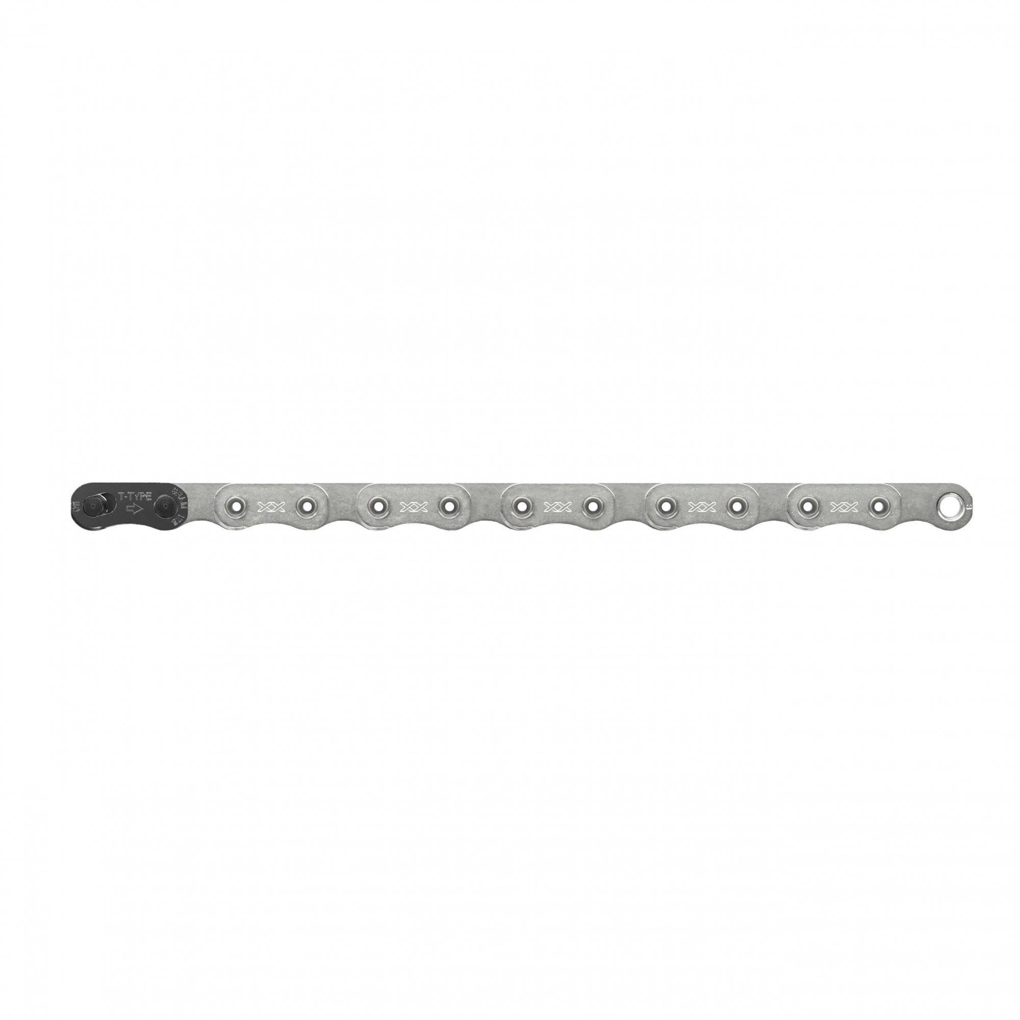 SRAM XX T-Type Eagle Silver Hollowpin Chain with PowerLock, 12-speed, 126 links, for mountain bike components.