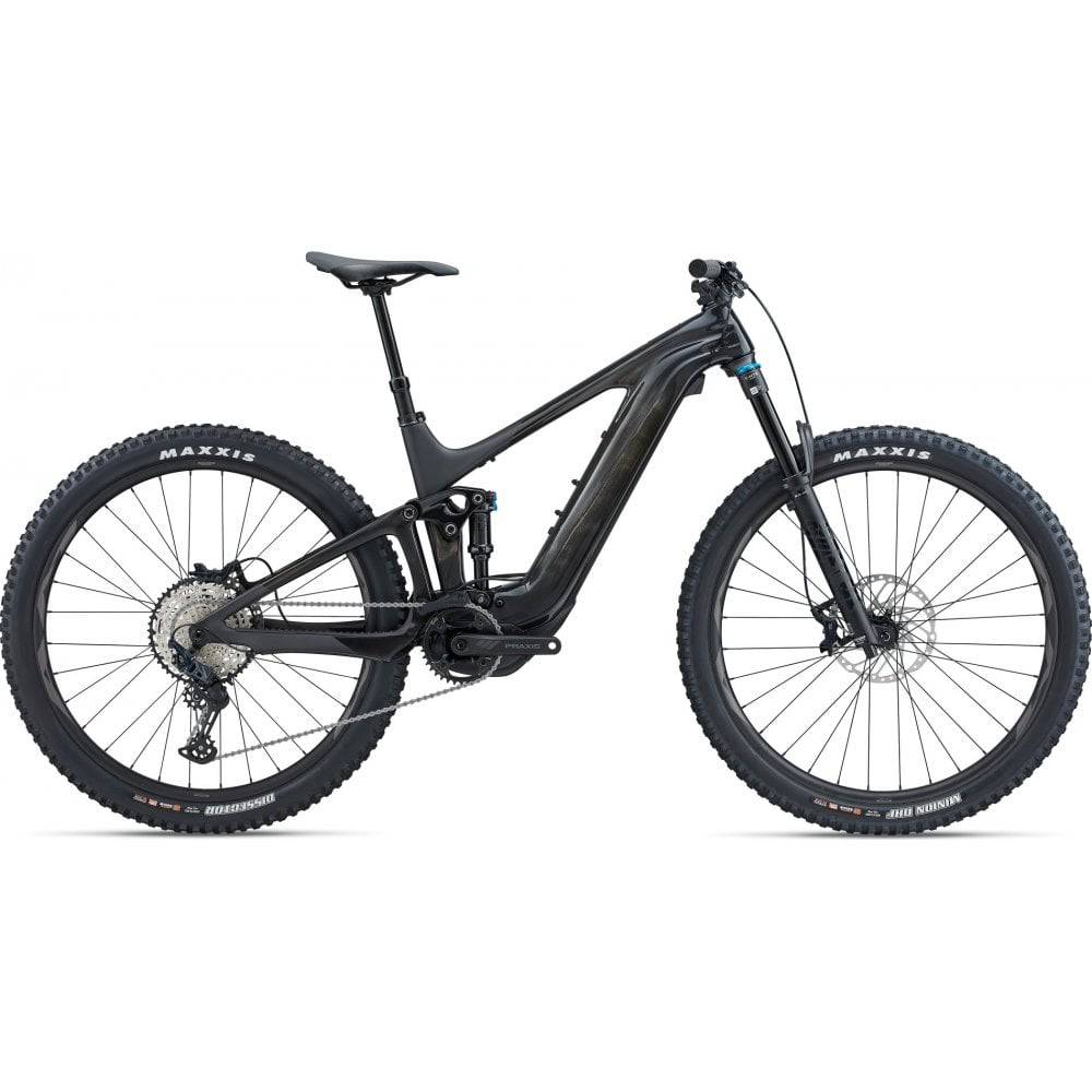 Giant Trance X Advanced E+ 2 electric mountain bike with full suspension, black frame, and mountain tires, ready for off-road riding.