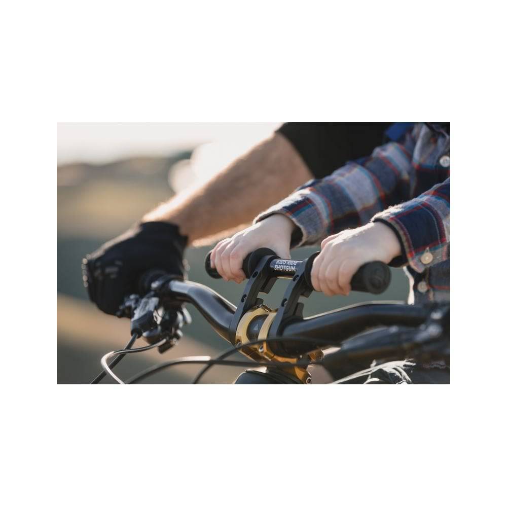 Kids Ride Shotgun 2.0 child bike seat handlebars in black with 250mm length and 19mm grips, designed for kids' bike accessories.