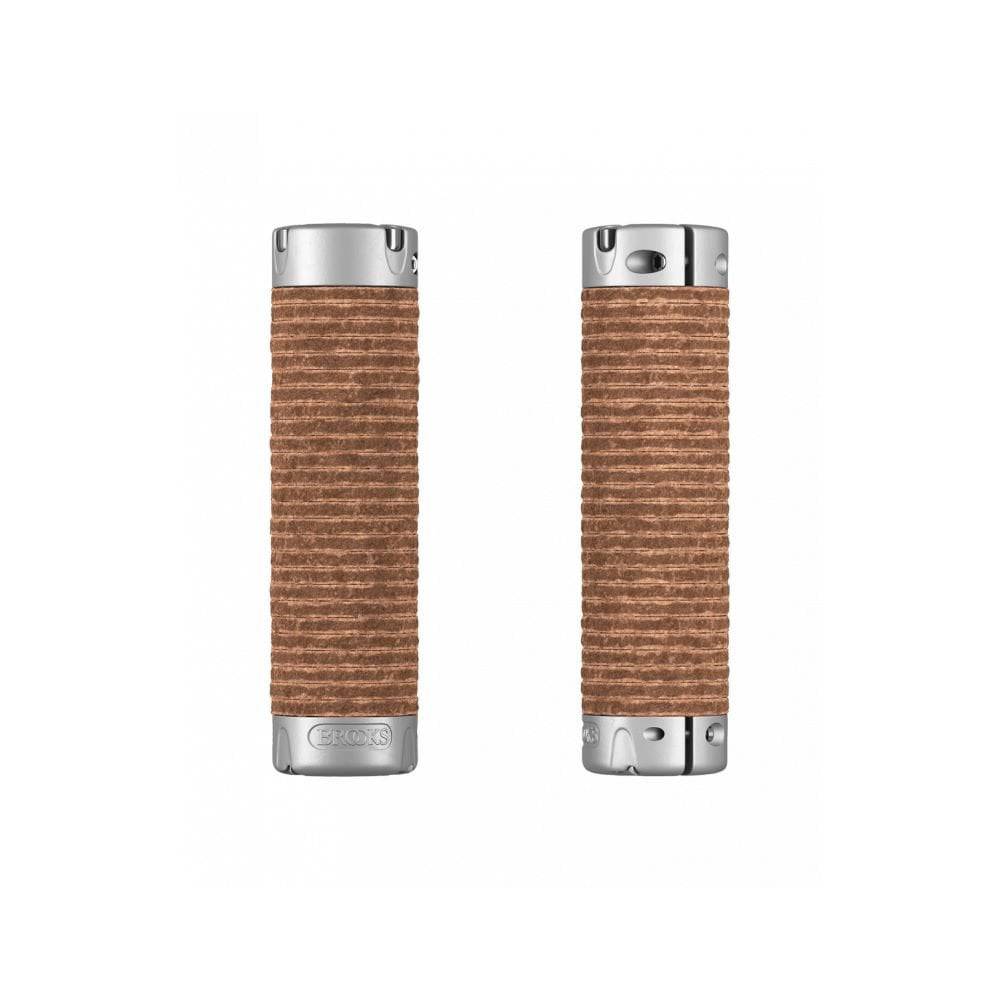 Brooks Plump Leather Bike Grips with customizable length and durable comfort, shown installed on a bicycle handlebar.