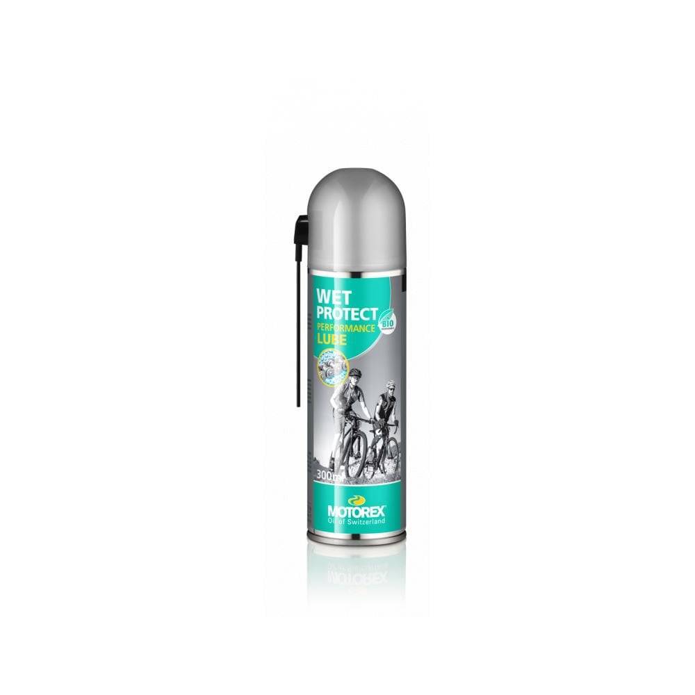 Motorex Wet Protect bicycle chain lubricant spray in silver and green, designed for wet conditions and biodegradable.