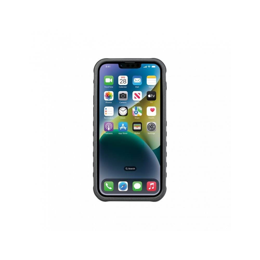 Topeak iPhone 14 Plus RideCase in black, a protective cycling phone case with a rugged design for outdoor riding.