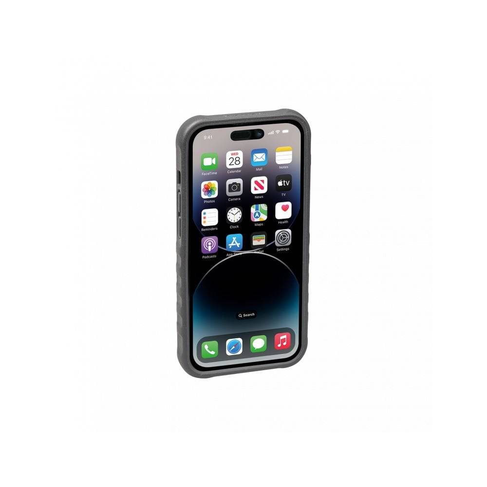 Topeak iPhone 14 Pro Ridecase black protective bike mount case showing rugged design and mounting features for cycling accessories.