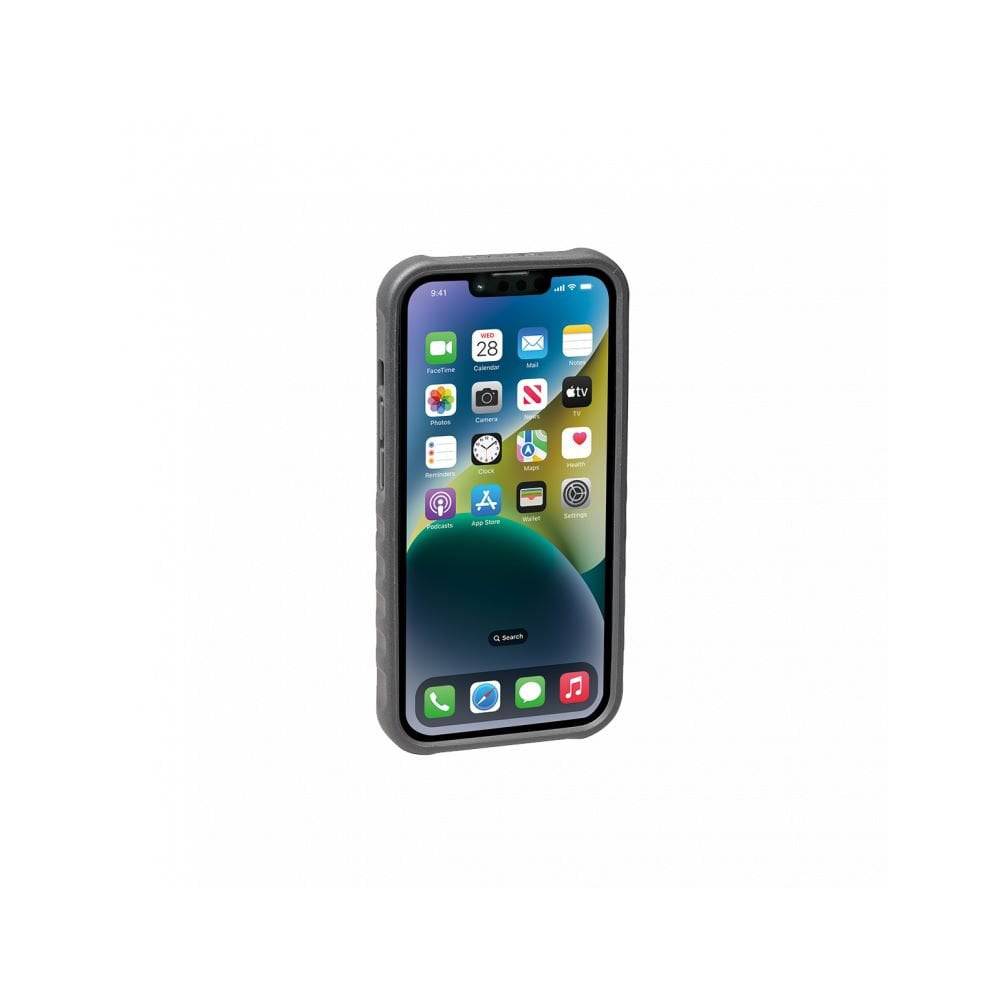 Topeak RideCase black iPhone 14 case with adjustable bike mount and flipstand, designed for cycling accessories.