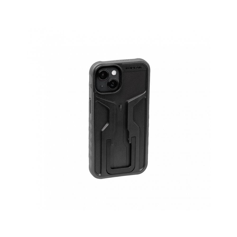 Topeak RideCase black iPhone 14 case with adjustable bike mount and flipstand, designed for cycling accessories.