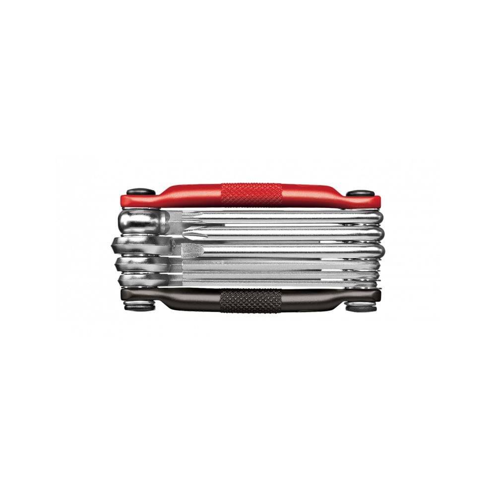 Crankbrothers Multi 10 bike multi-tool in black and red with hex wrenches and screwdrivers, ideal for bike workshop repairs.