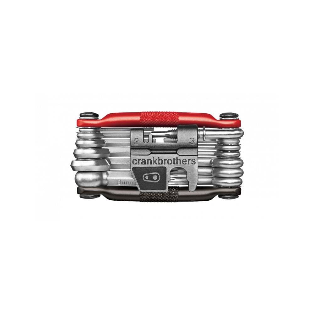 Crankbrothers Multi 19 bike multi-tool in black and red with compact workshop repair kit and various tools laid out.