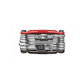 Crankbrothers Multi 19 bike multi-tool in black and red with compact workshop repair kit, featuring various hex wrenches and screwdrivers.