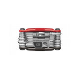 Crankbrothers Multi 19 bike multi-tool in black and red with compact workshop repair kit and various tools laid out.