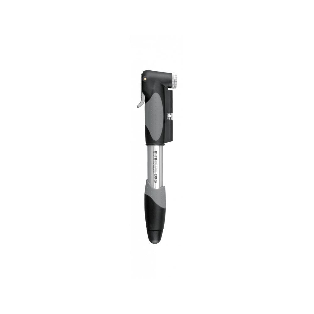 Topeak Mini Dual DX bike pump with gauge, black and silver, compatible with Presta and Schrader valves, for bicycle accessories.