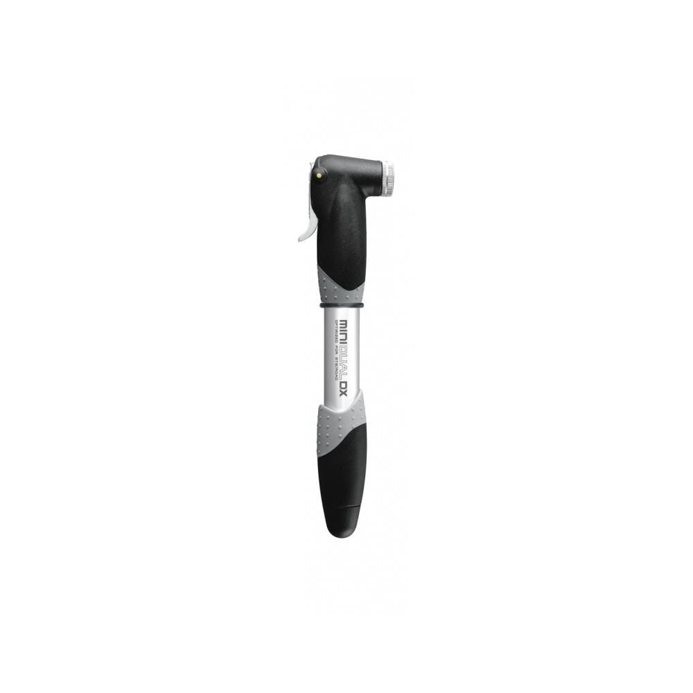 Topeak Mini Dual DX bike pump with gauge in black and silver, compatible with Presta and Schrader valves, for cycling accessories.