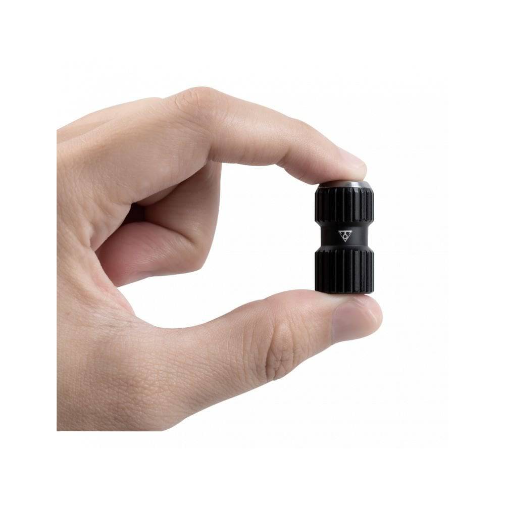 Topeak AirBooster Nano CO2 inflator for Presta and Schrader valves, compact black cycling accessory with quick inflation feature.