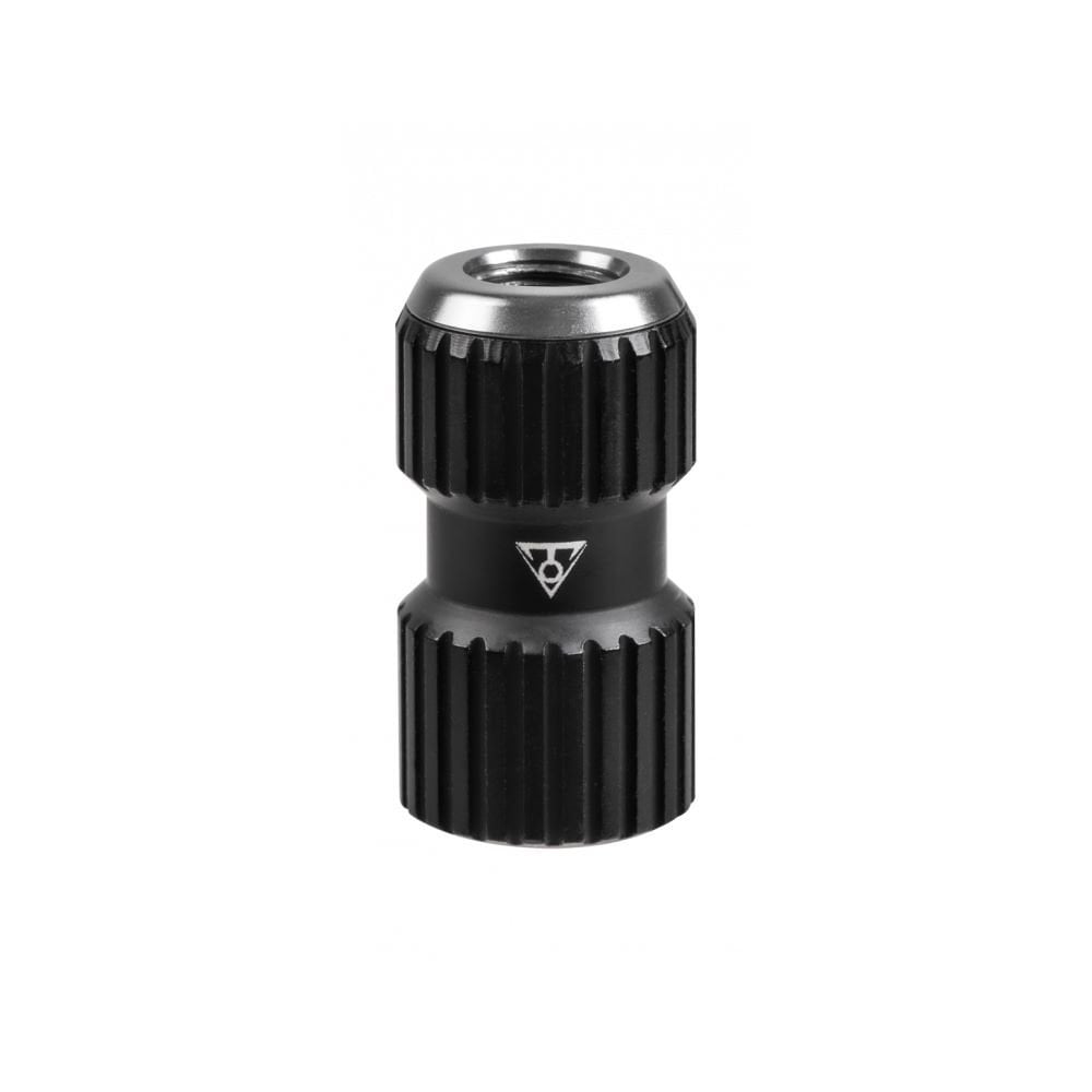 Topeak AirBooster Nano CO2 inflator in black with Presta and Schrader valve compatibility, compact and portable bicycle pump accessory.