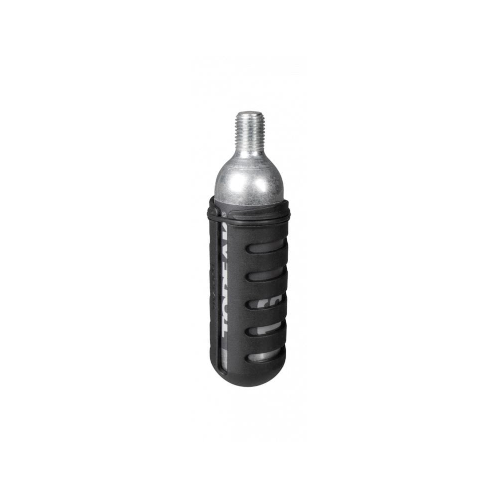 Topeak AirBooster Nano bike tire inflator with black body and 16g CO2 cartridge for quick inflation.