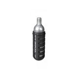 Topeak AirBooster Nano bike tire inflator with black body and 16g CO2 cartridge for quick inflation.