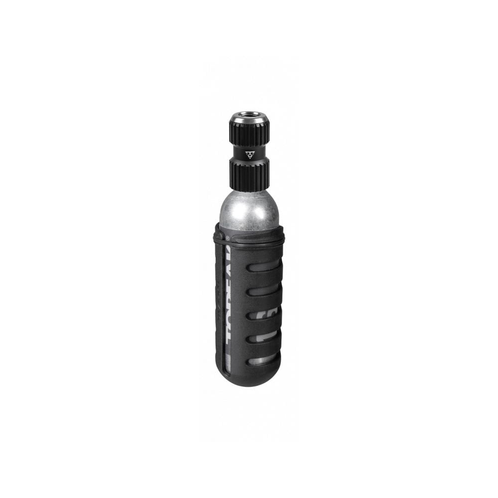 Topeak AirBooster Nano bike tire inflator with 16g CO2 cartridge in black, compact cycling accessories for quick inflation