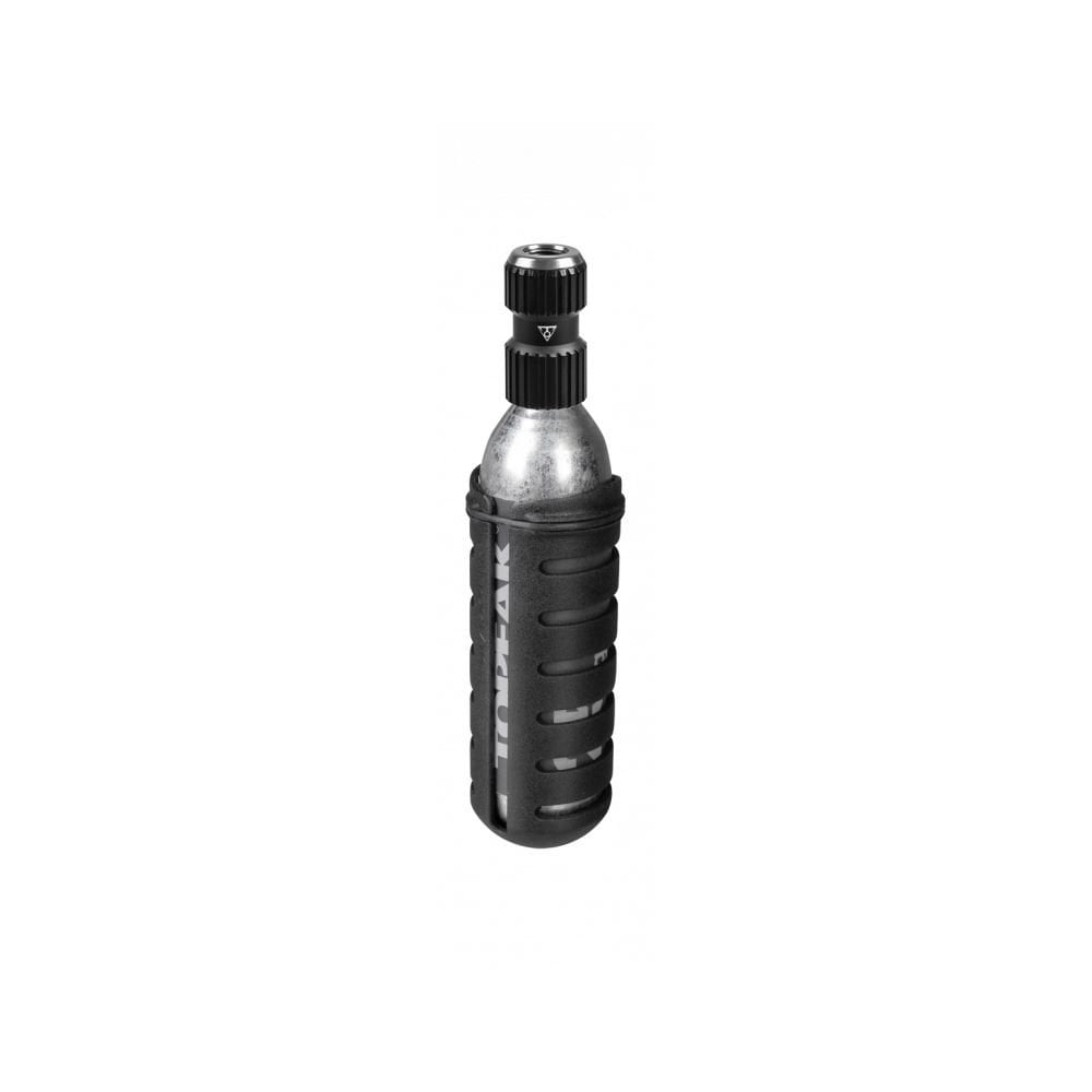 Topeak AirBooster Nano CO2 inflator with 25g cartridge for Presta and Schrader valves, black accessory for bike inflation.