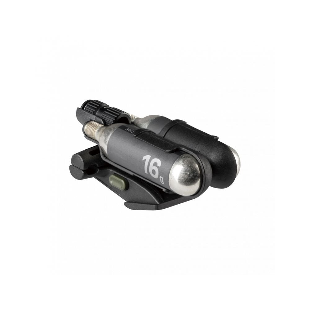 Topeak Nanomaster Duo Fixer CO2 inflation kit in black with dual valve compatibility, displayed with compact design and accessories