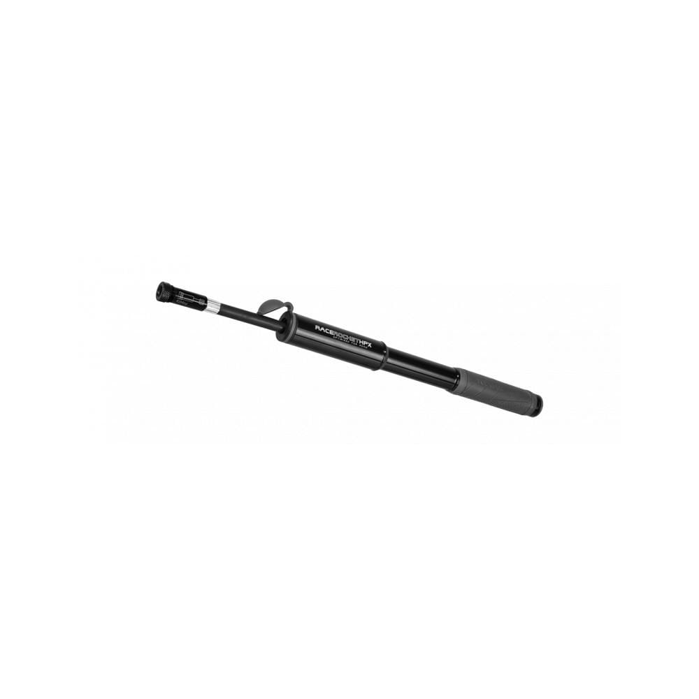 Topeak Race Rocket HPX bike pump in black, high-pressure tire inflator with digital gauge, suitable for road and mountain bike tires.