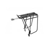 Topeak Explorer Uni 2.0 rear bike rack in black, compatible with non-disc bikes and MTX QuickTrack system, mounted on a bicycle.