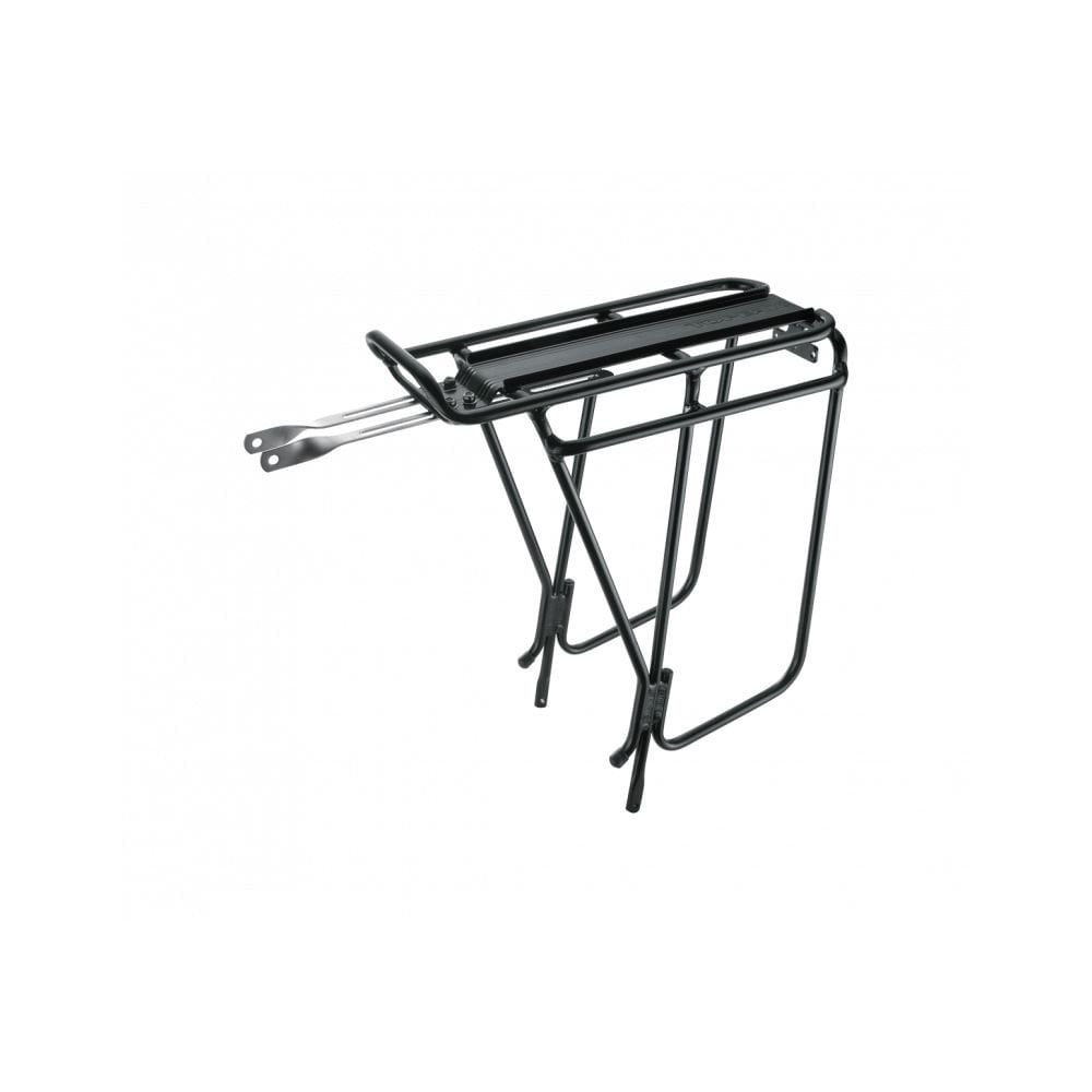 Topeak Super Tourist DX black rear bike rack with mounting points for touring and panniers on a 26-inch or 700C bicycle.