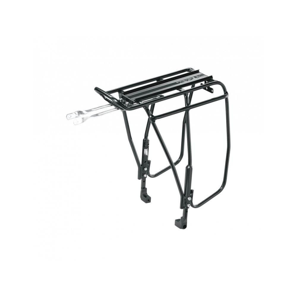 Topeak Uni Super Tourist DX disc rear bike rack on a touring bike, black, designed for mountain and touring bikes.