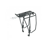 Topeak Uni Super Tourist DX disc rear bike rack on a touring bike, black, designed for mountain and touring bikes.