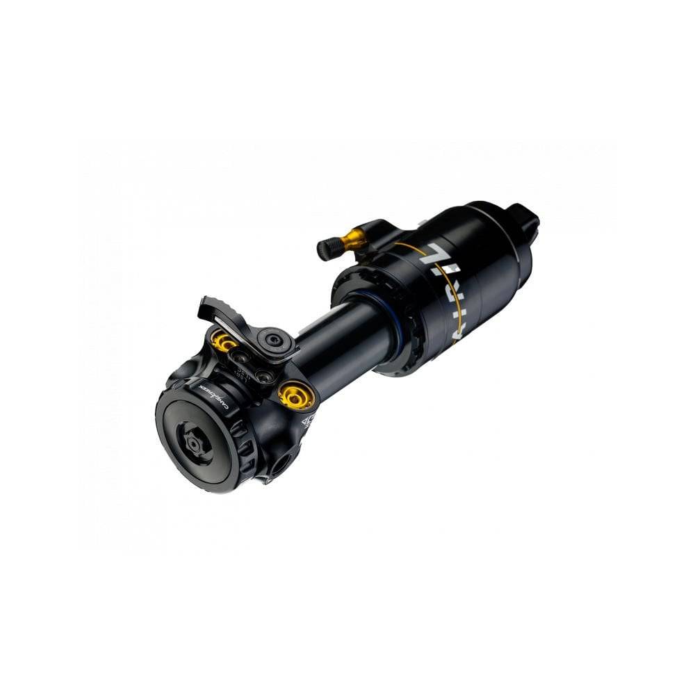 Cane Creek DBair IL G2 Trunnion rear shock with 4-way damping adjustment for mountain bikes, showing the shock body and adjustment knobs.