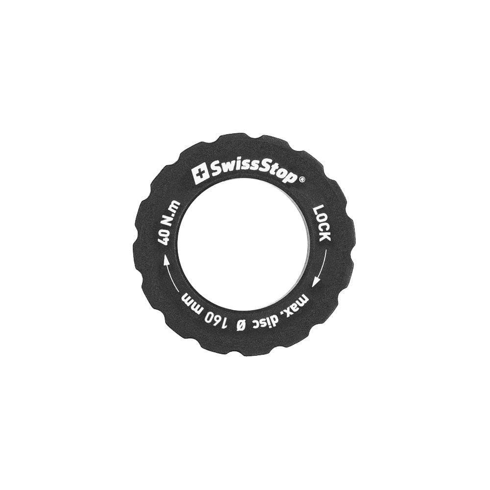 SwissStop black centre lock lockring for 160mm max rotor, secure bike brake rotor component, durable and easy to install.